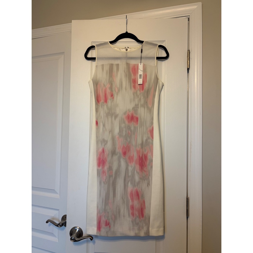 T Tahari Dakota Dress Pink White Floral Watercolor Mesh Sheath Size 2 F31RF605